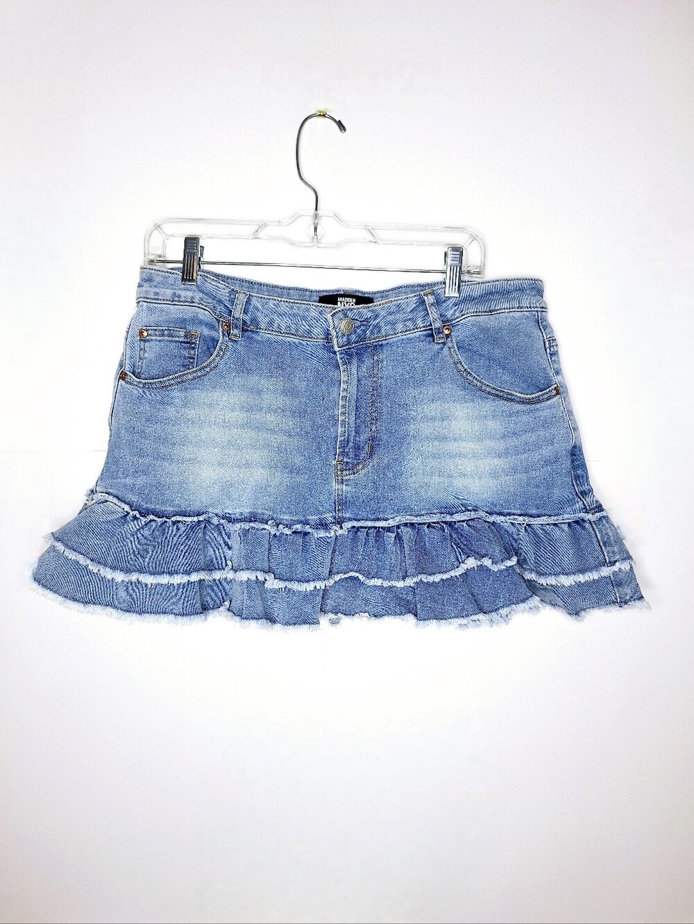 Steve Madden NYC"Ruffles And Denim" Whimsical Preppy,Biker core,Mini jean skirt